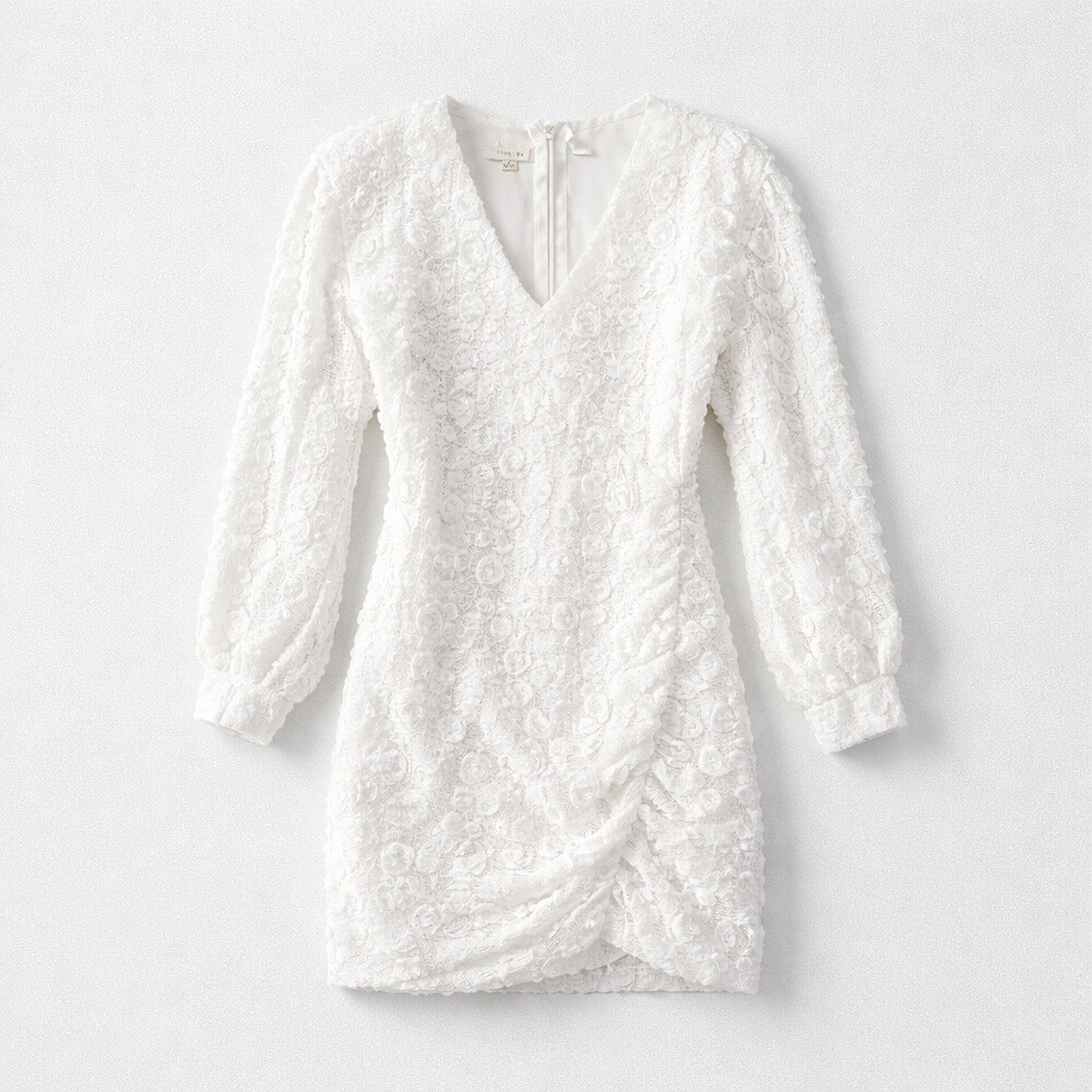 Just Me Dress Womens Size S White Floral Lace Mini Long Sleeve V-Neck Zip - Picture 3 of 8